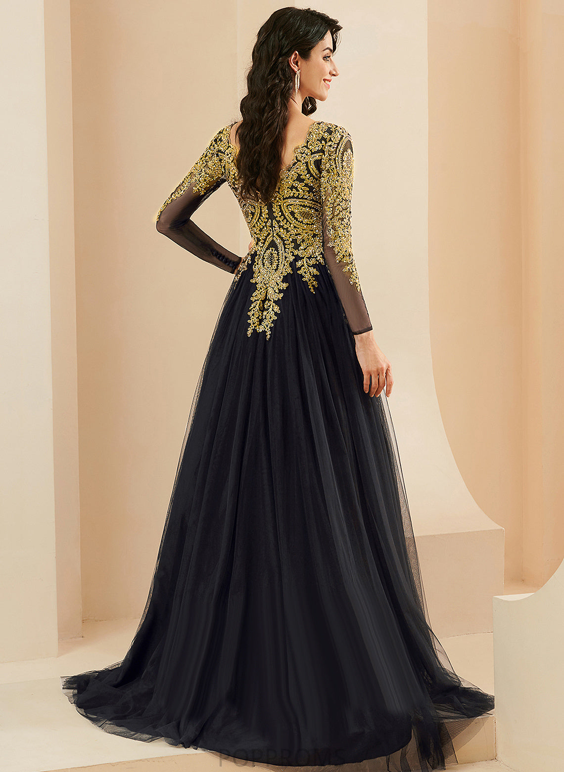 Prom Dresses Ball-Gown/Princess Sequins Aiyana V-neck Lace Sweep With Train