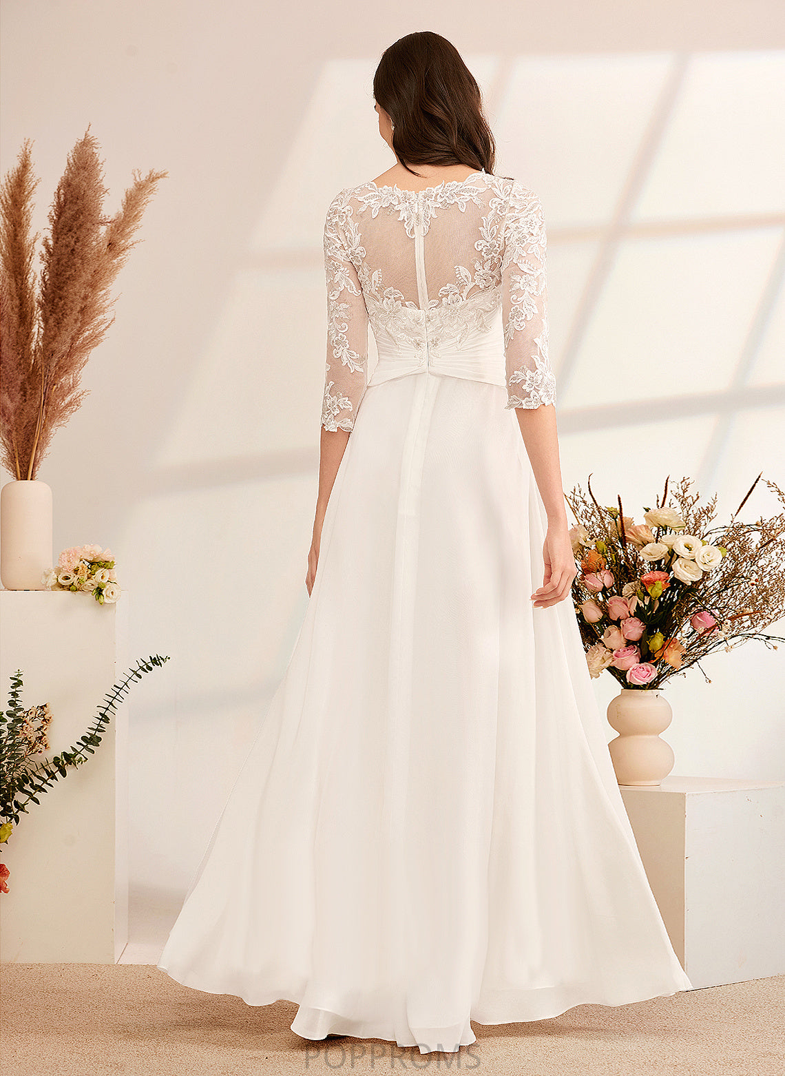 Wedding Dresses Ruffle Lace Illusion A-Line Monserrat Floor-Length Beading Dress Chiffon Wedding With