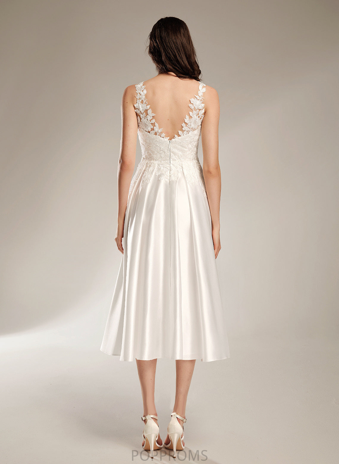 Dress V-neck Alma Lace Satin A-Line Wedding Tea-Length Wedding Dresses