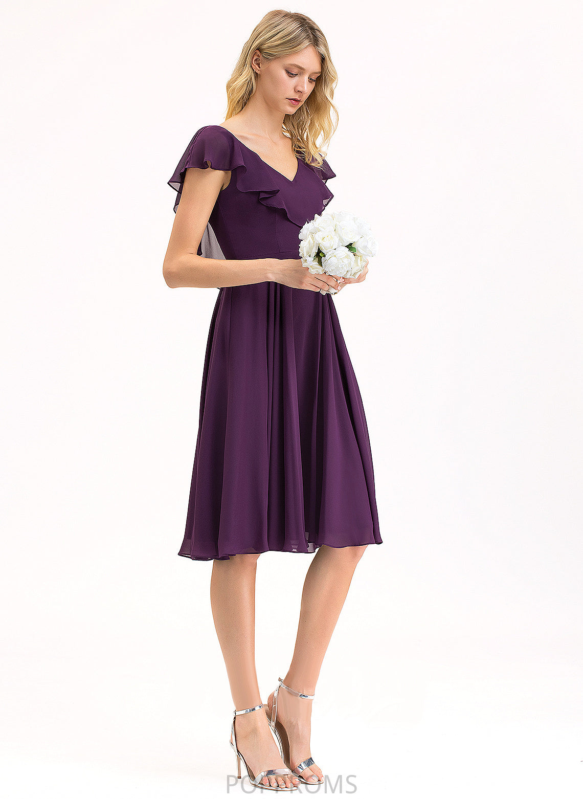 With Ruffles Chiffon Cascading Dress Knee-Length A-Line Cocktail Dresses Cocktail V-neck Georgia