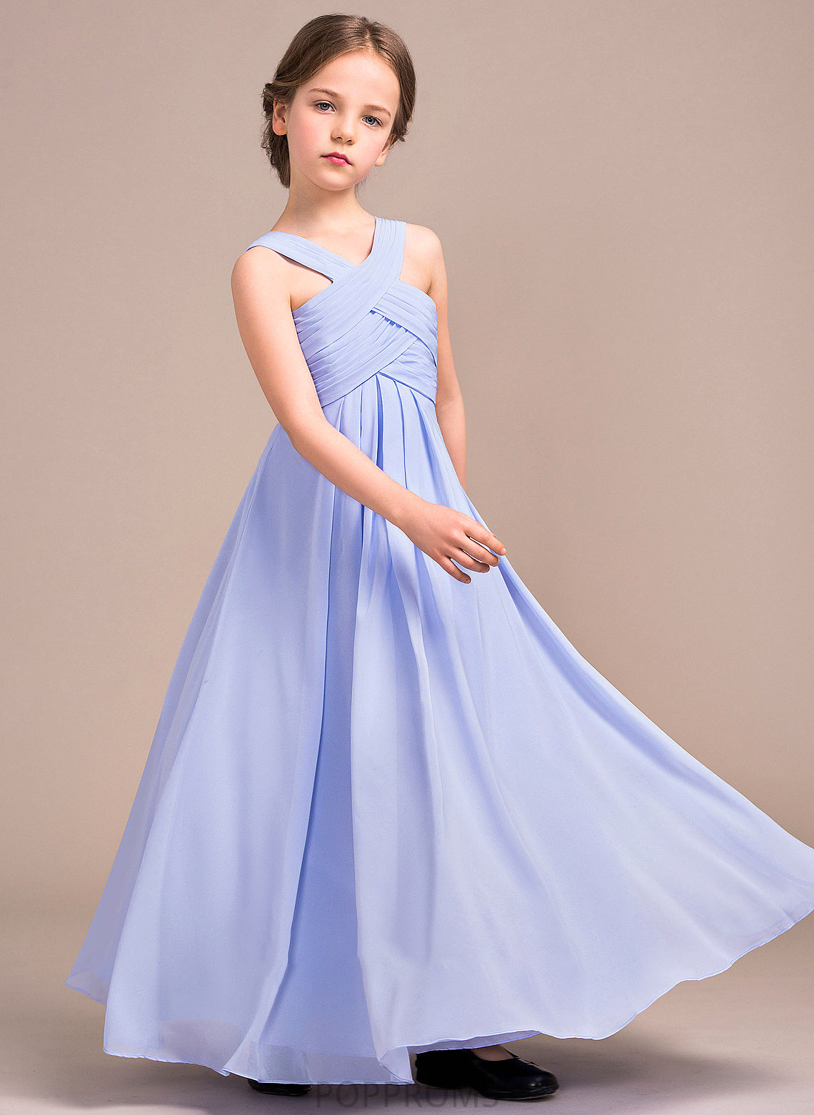 With A-Line Junior Bridesmaid Dresses Chiffon Floor-Length Roselyn Ruffle V-neck