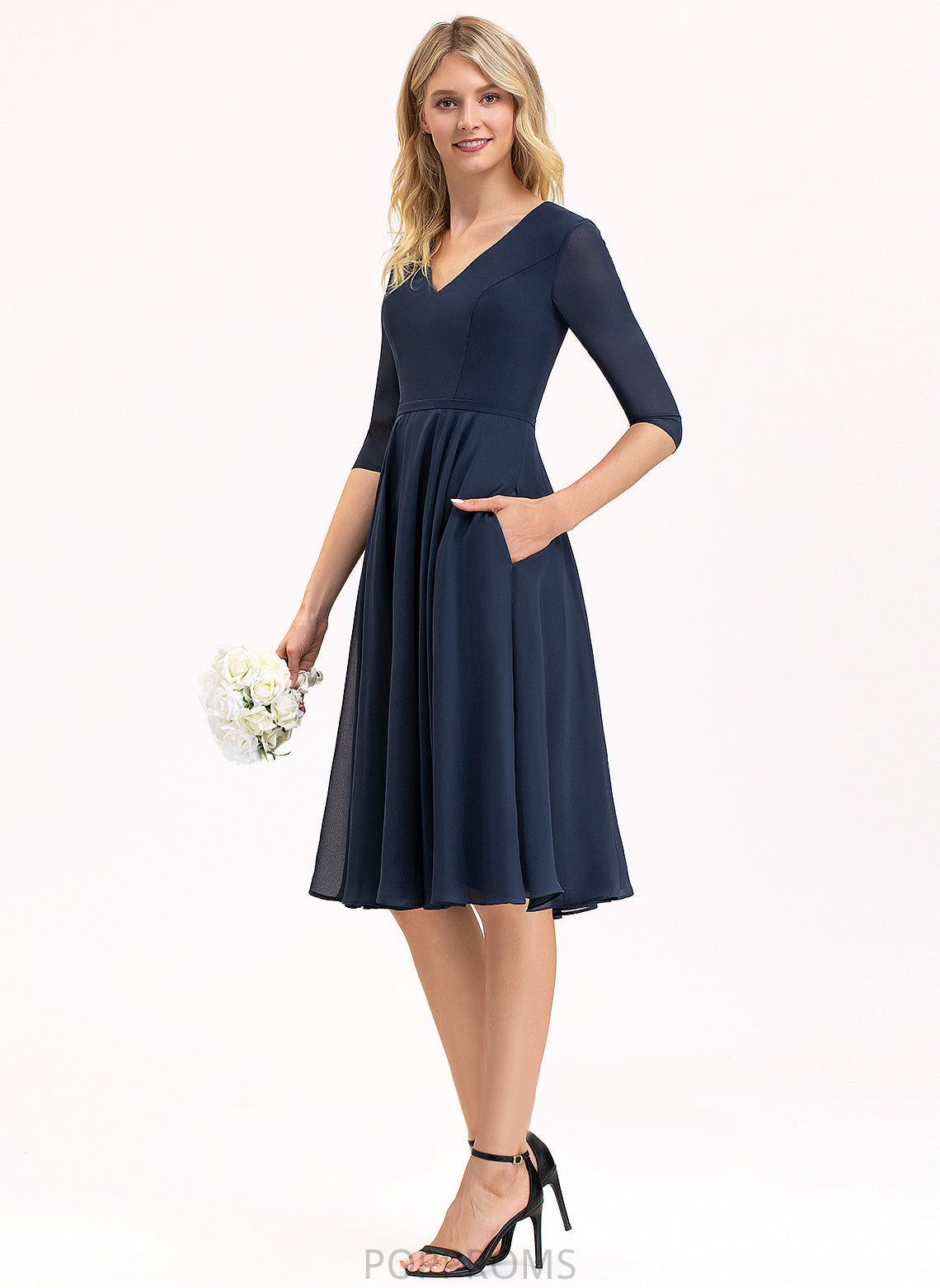 Knee-Length Chiffon A-Line Pockets Londyn Cocktail V-neck Dress With Cocktail Dresses