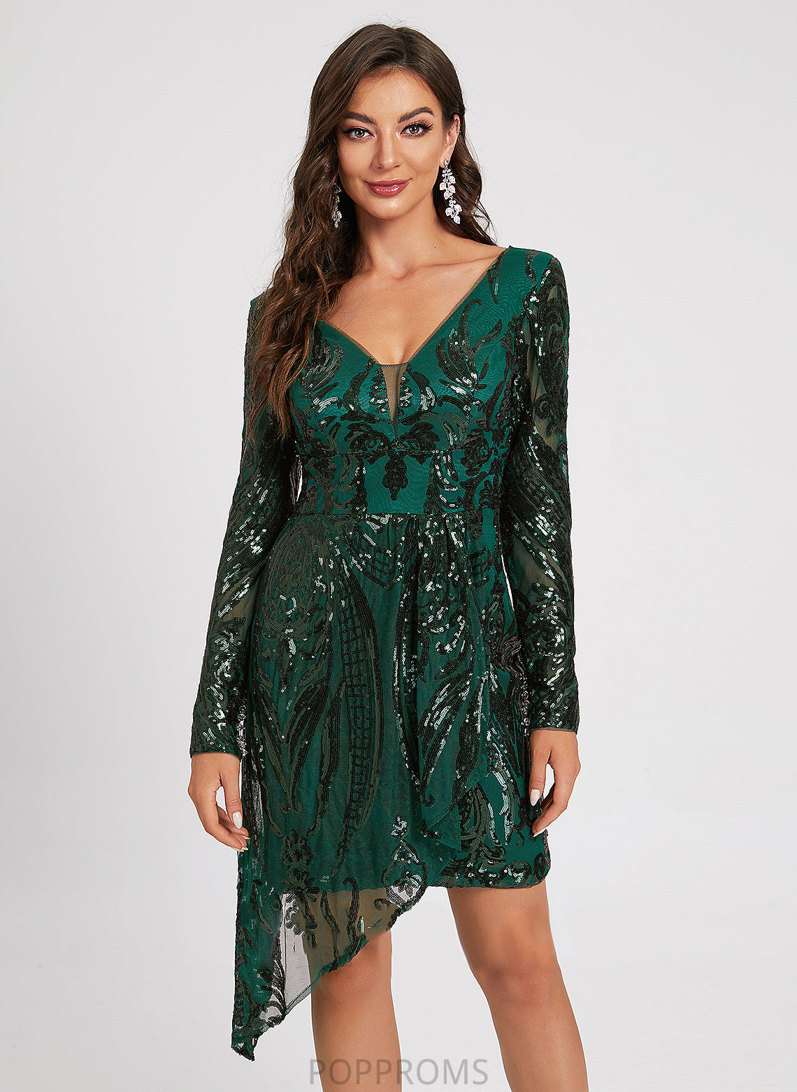 Asymmetrical V-neck Cocktail Sheath/Column Cocktail Dresses With Lace Sequins Dress Sequined Kyleigh Lace