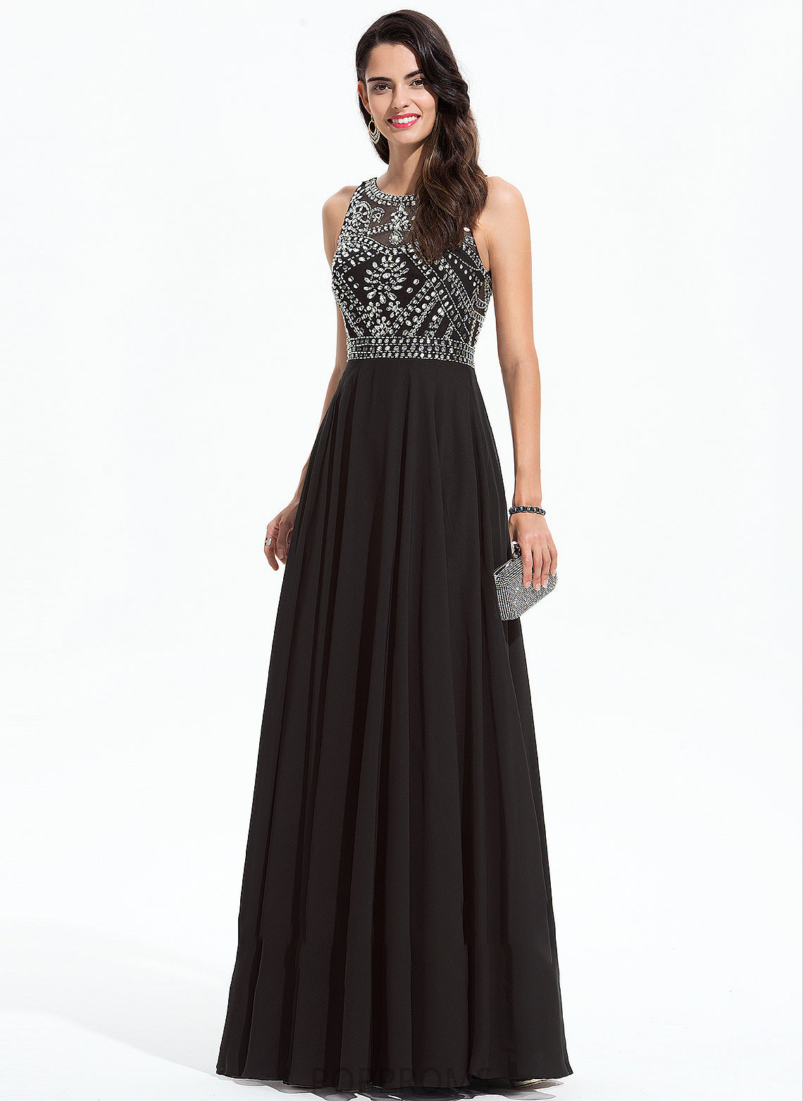 Yamilet Sequins Chiffon Neck Scoop Prom Dresses Beading A-Line With Floor-Length