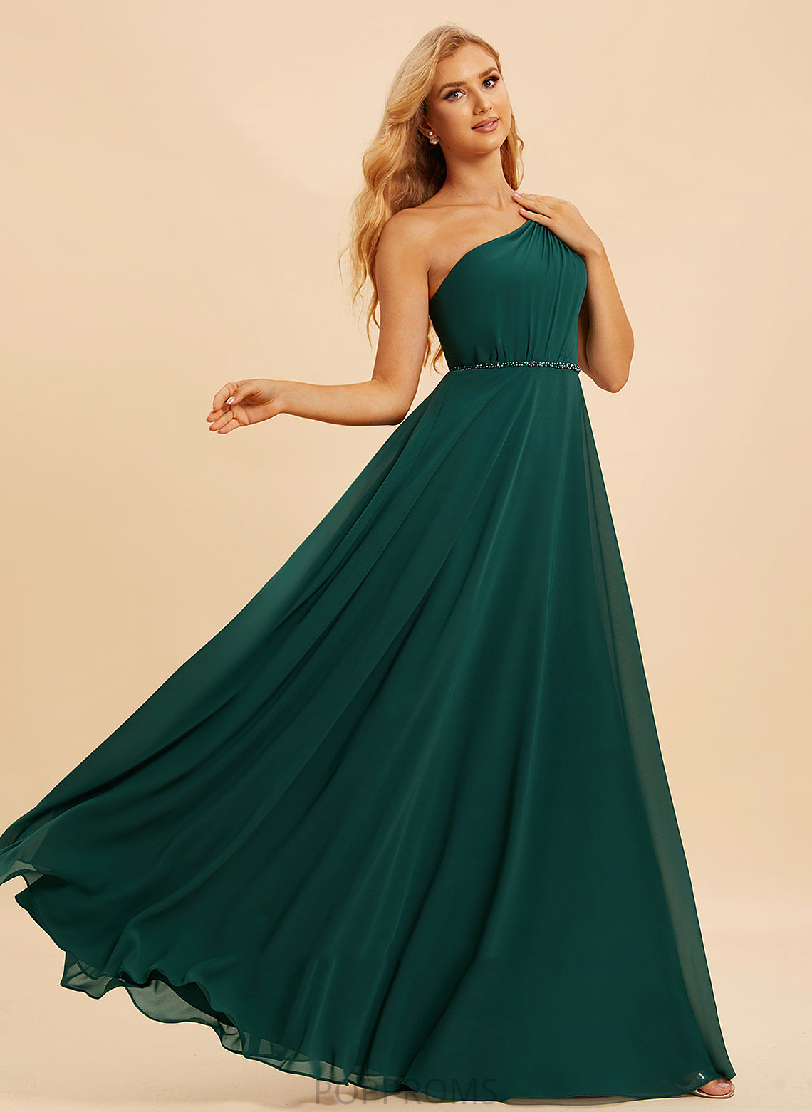 Beading Sequins One-Shoulder Embellishment Floor-Length Fabric Silhouette Neckline A-Line Length Joanne A-Line/Princess Bridesmaid Dresses