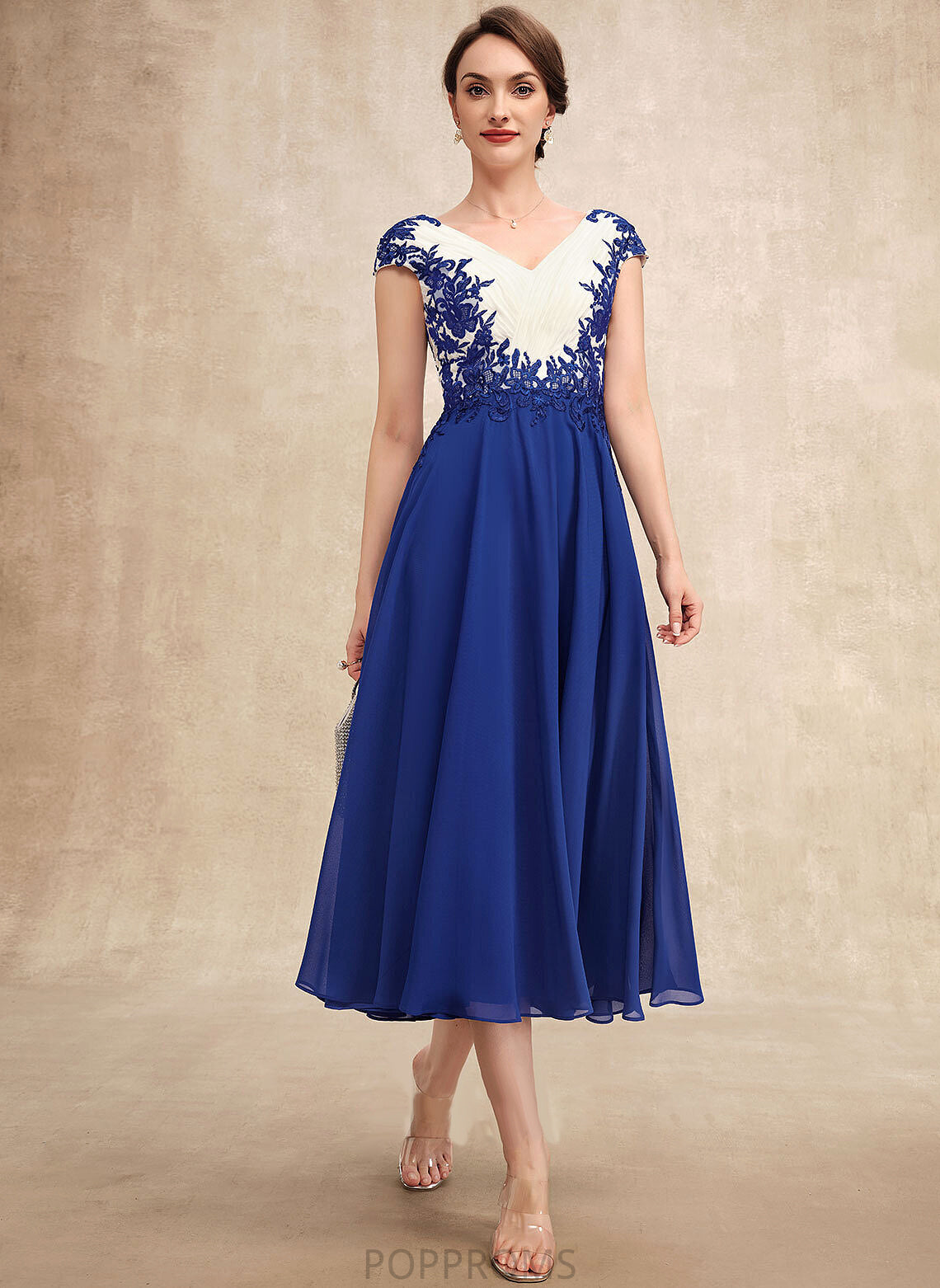 A-Line Ruffle Tea-Length Megan Chiffon With Mother V-neck Lace Dress Mother of the Bride Dresses the of Bride