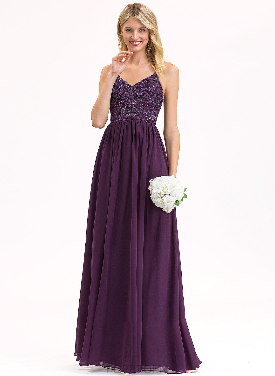 V-neck With Floor-Length Aylin Sequins Prom Dresses Lace Chiffon Beading A-Line