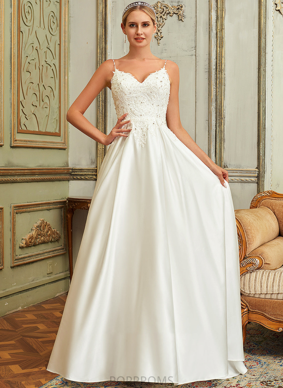 Wedding Sweep Dress Satin Ball-Gown/Princess Amirah Sequins With Lace Beading V-neck Pockets Train Lace Wedding Dresses