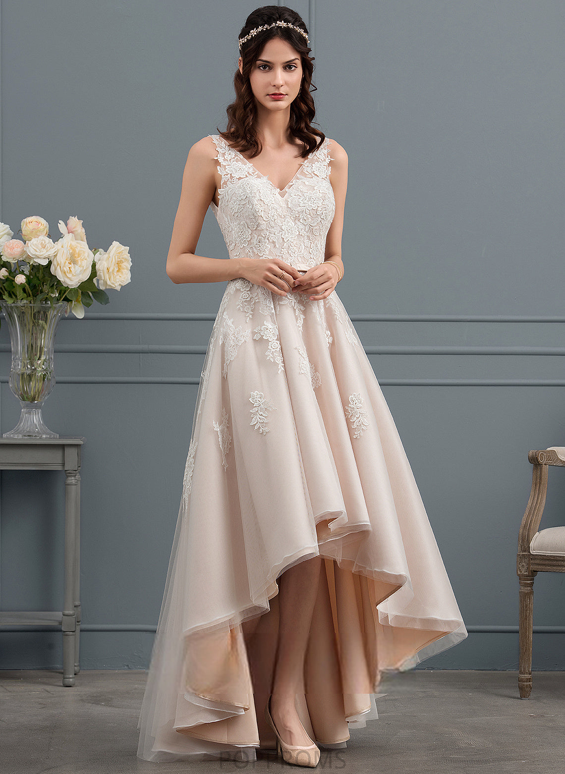 Wedding A-Line Tulle V-neck Asymmetrical Bow(s) Dress Wedding Dresses Satin Kayden Lace With