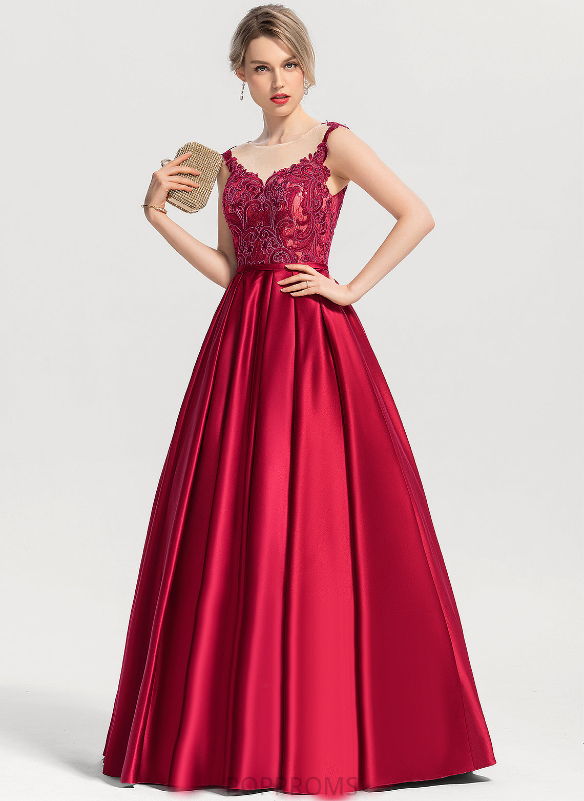 With Scoop LuLu Floor-Length Sequins Satin Lace Prom Dresses Ball-Gown/Princess