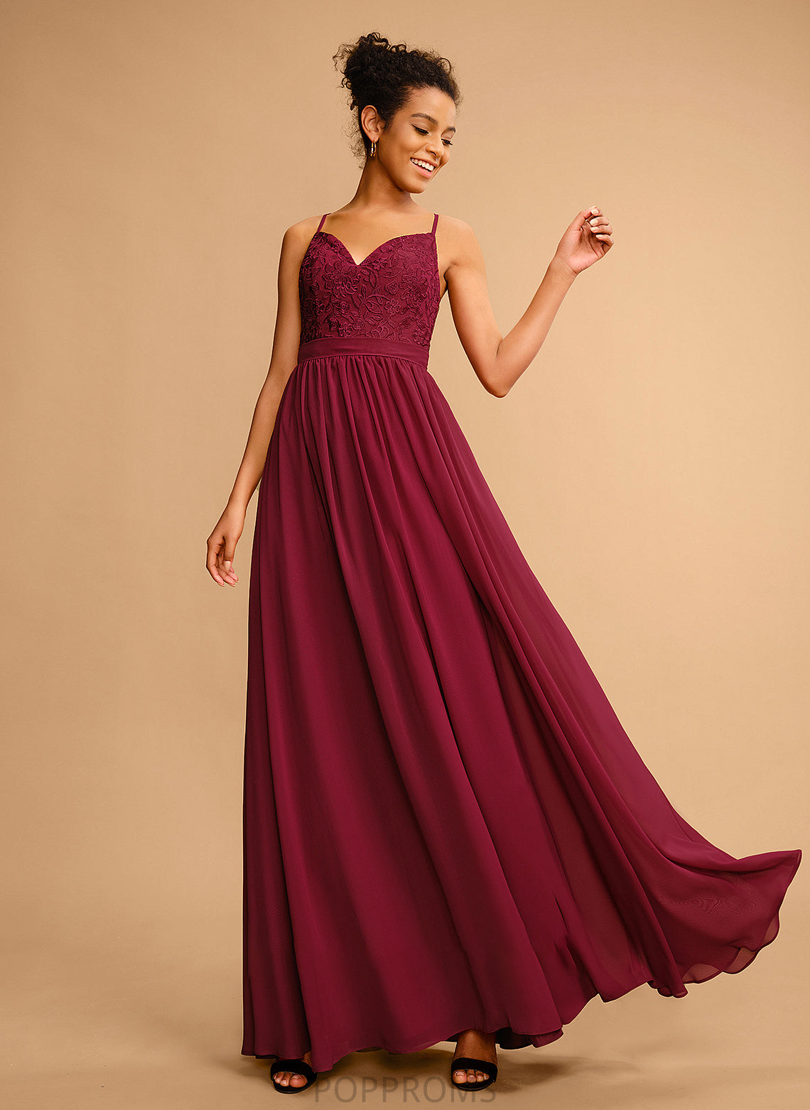 Lace V-neck Madeleine Chiffon A-Line With Floor-Length Prom Dresses