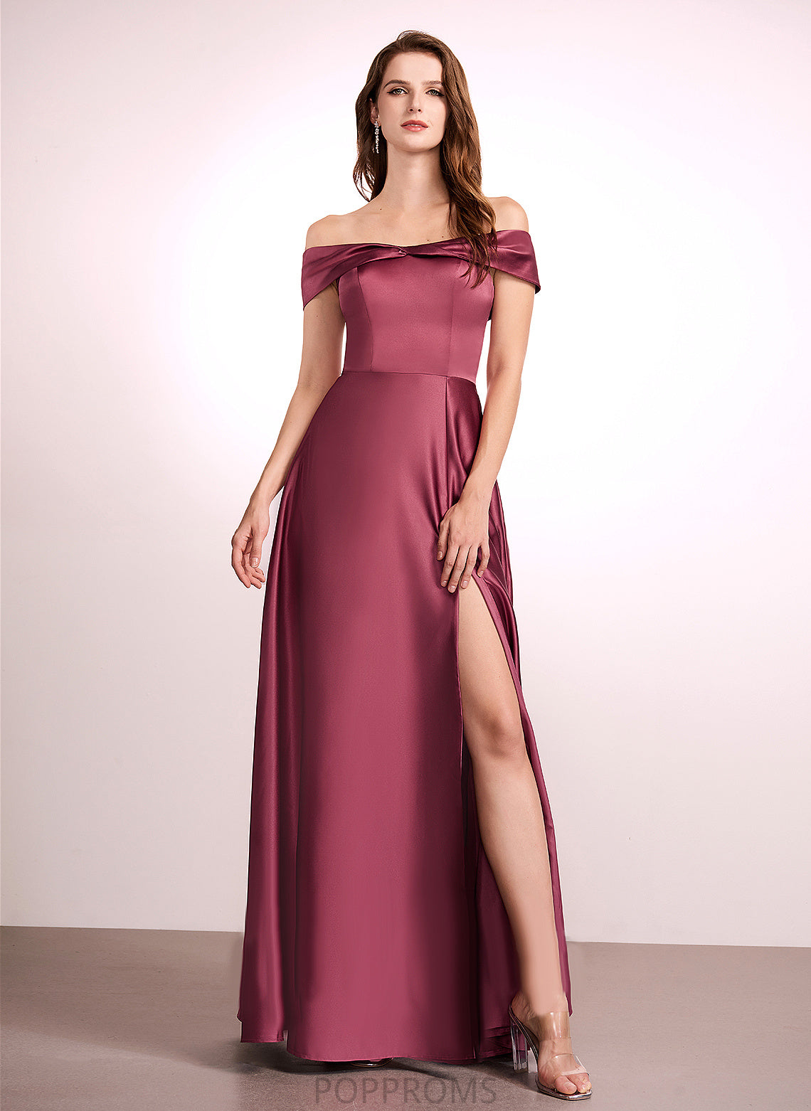 Neckline Off-the-Shoulder A-Line Embellishment Length SplitFront Floor-Length Silhouette Fabric Rayne Natural Waist Sleeveless Bridesmaid Dresses