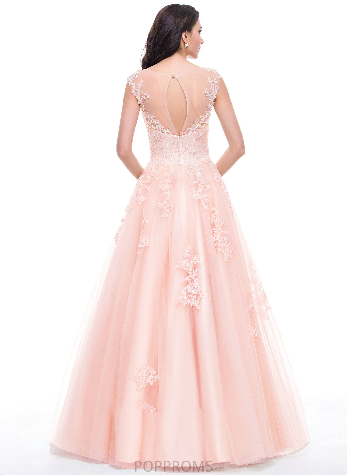 Ball-Gown/Princess Lace Prom Dresses Appliques Sequins Floor-Length Neck Beading Alma With Tulle Scoop