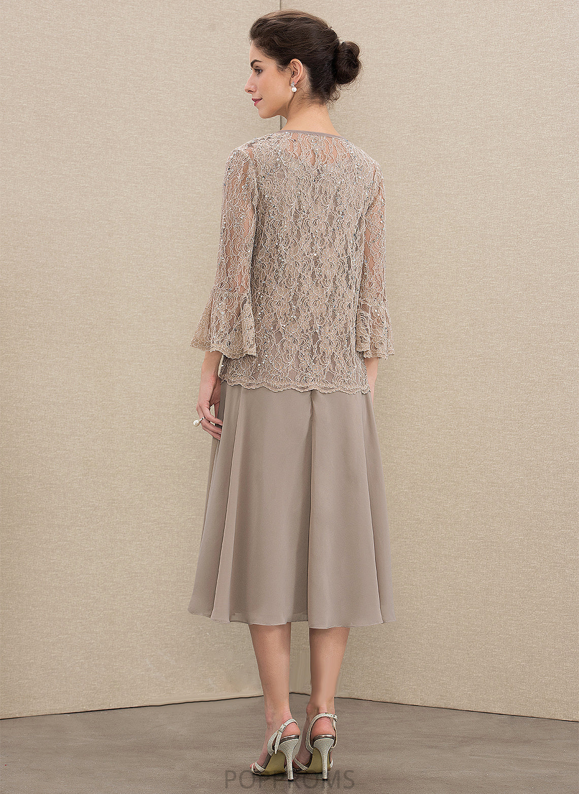 Dress the With of Neck Tea-Length A-Line Scoop Chiffon Sequins Mother Adrienne Mother of the Bride Dresses Bride Lace