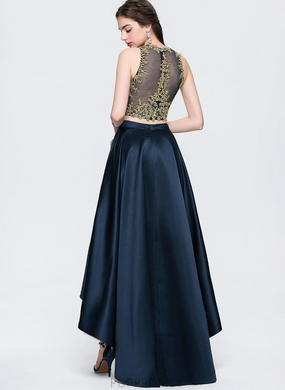 Asymmetrical Vera Prom Dresses Beading A-Line Lace Satin With Scoop Sequins Neck