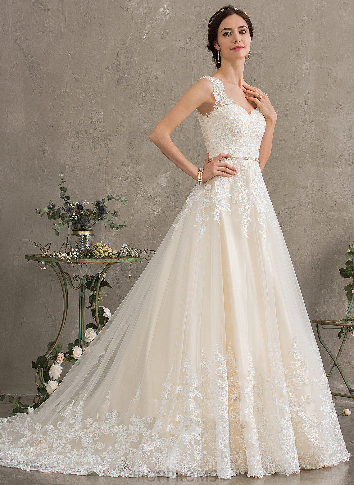 Ball-Gown/Princess Wedding Dress Arielle Train Lace Tulle Wedding Dresses Beading Sweetheart With Sequins Court