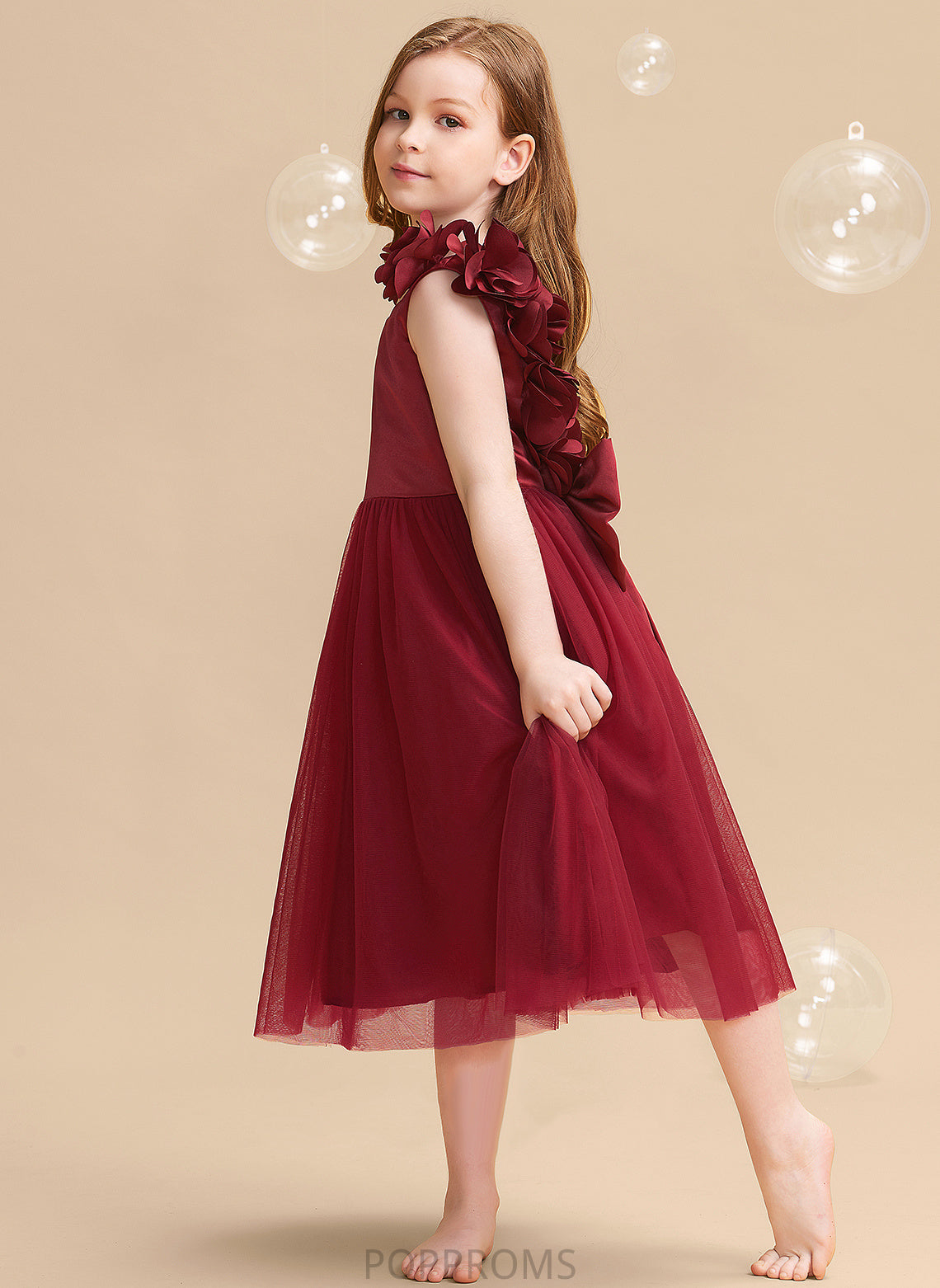 Dress Satin/Tulle Girl Flower - A-Line Flower Girl Dresses Tea-length Abril Flower(s)/Bow(s) Sleeveless With V-neck