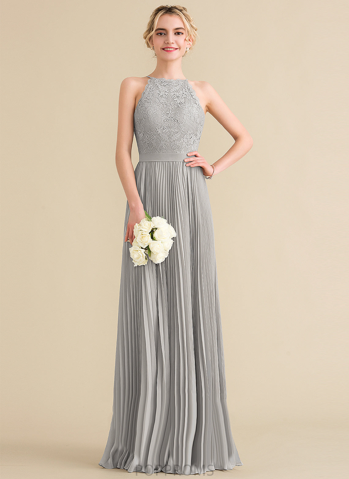 Floor-Length With Chiffon Lace Lillian A-Line Scoop Prom Dresses Pleated