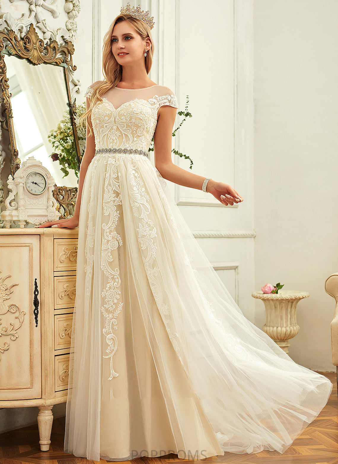 Wedding Dresses With Dress Tulle Sweep A-Line Ruffle Wedding Scoop Train Neck Ally Lace Lace