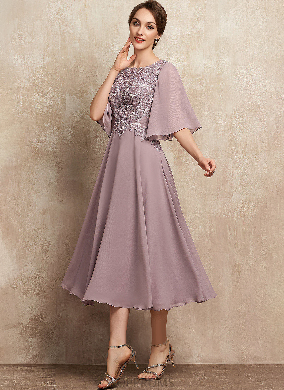 Tea-Length Dress Neck Scoop Lace Cocktail Dresses Charity Cocktail A-Line Chiffon