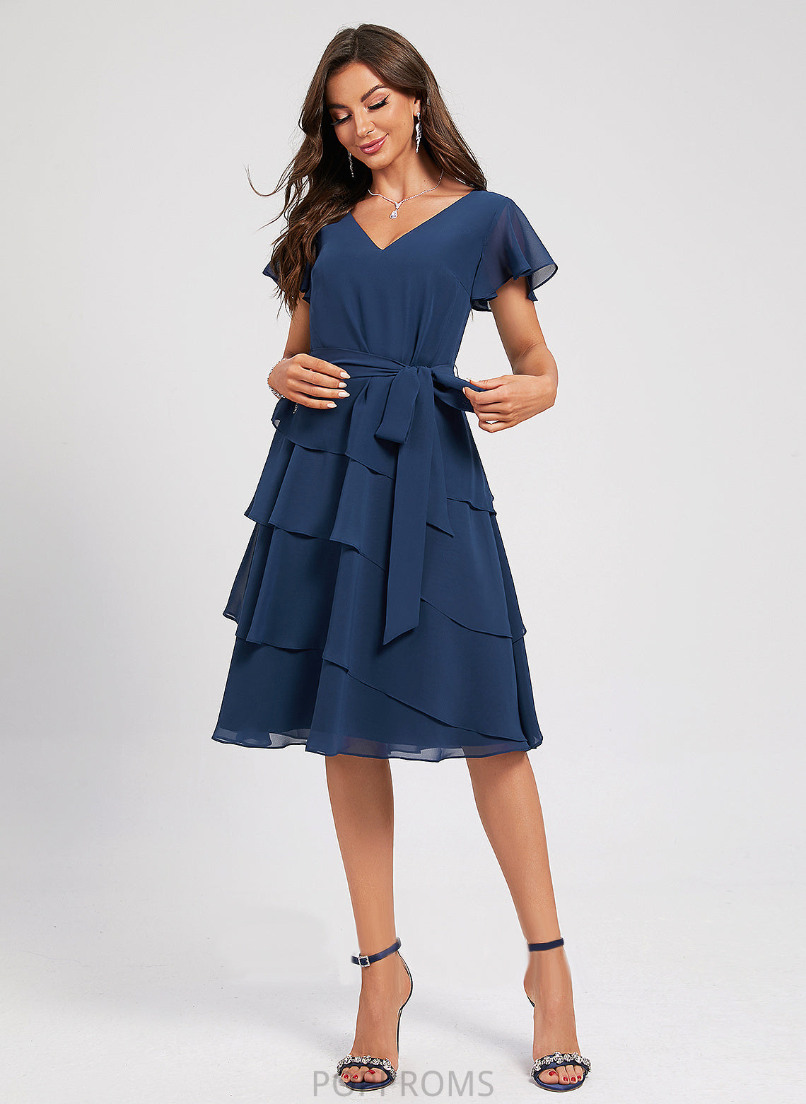 Cocktail Dresses Sash Renata A-Line Chiffon V-neck Knee-Length Dress With Ruffle Cocktail