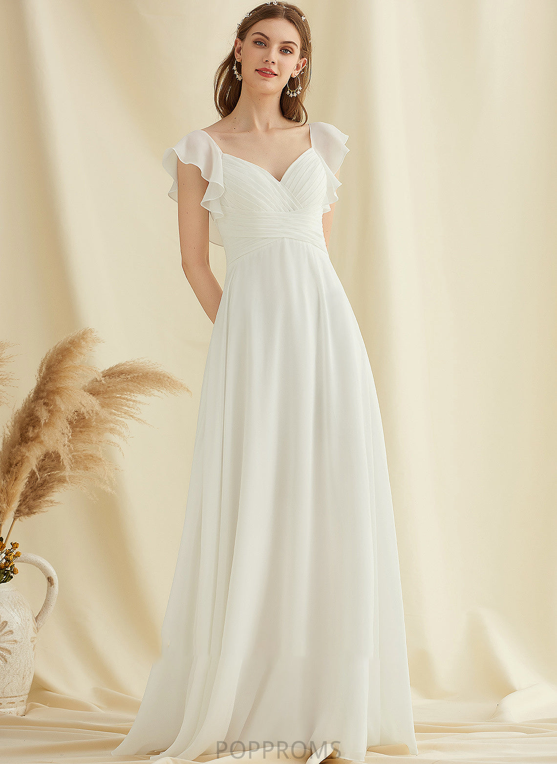 V-neck Wedding Ruffle With Dress Chiffon Amiah Wedding Dresses Floor-Length A-Line