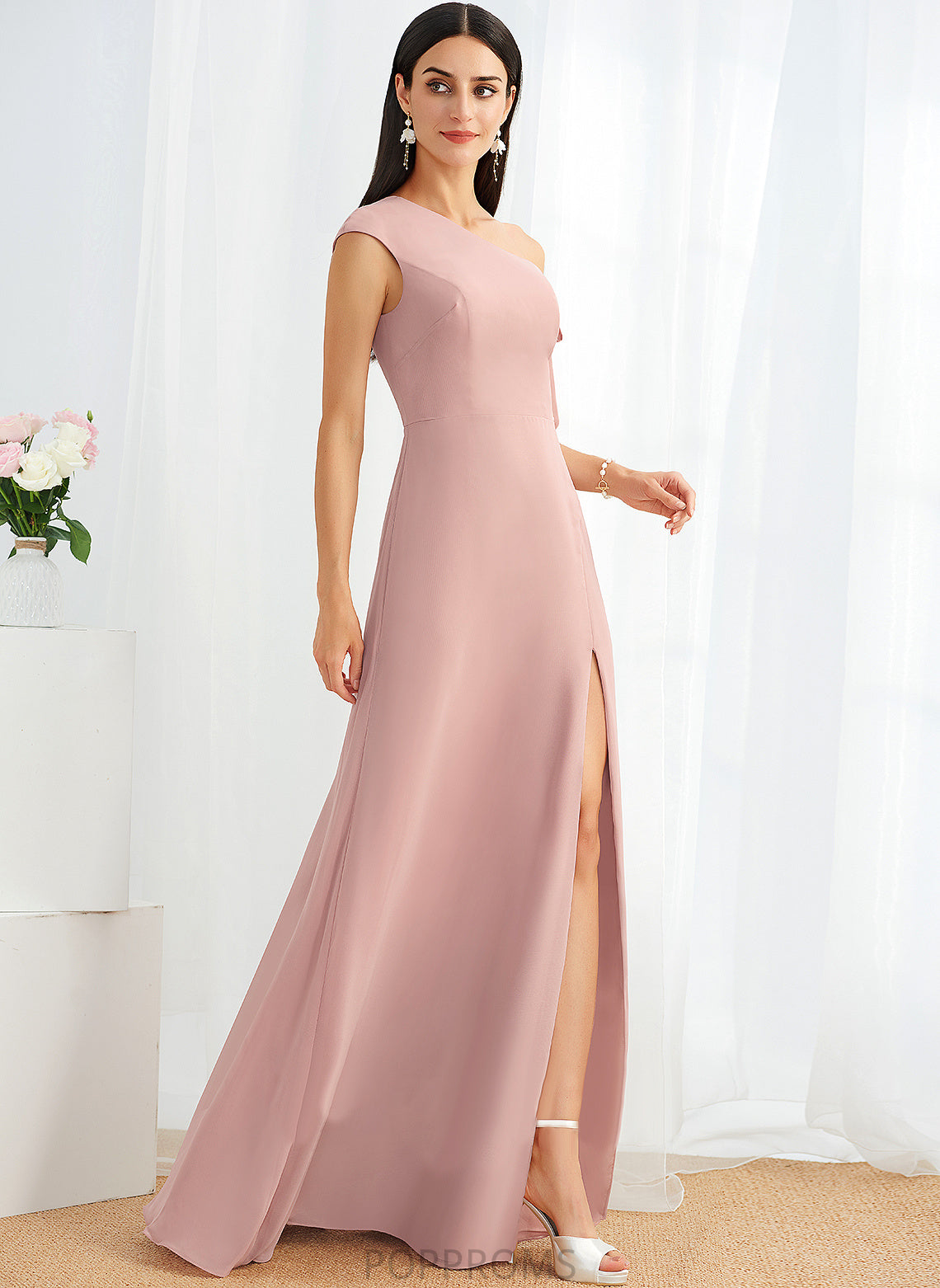 A-Line Length Fabric Embellishment Neckline One-Shoulder Silhouette Bow(s) Floor-Length Alisson Natural Waist V-Neck Bridesmaid Dresses