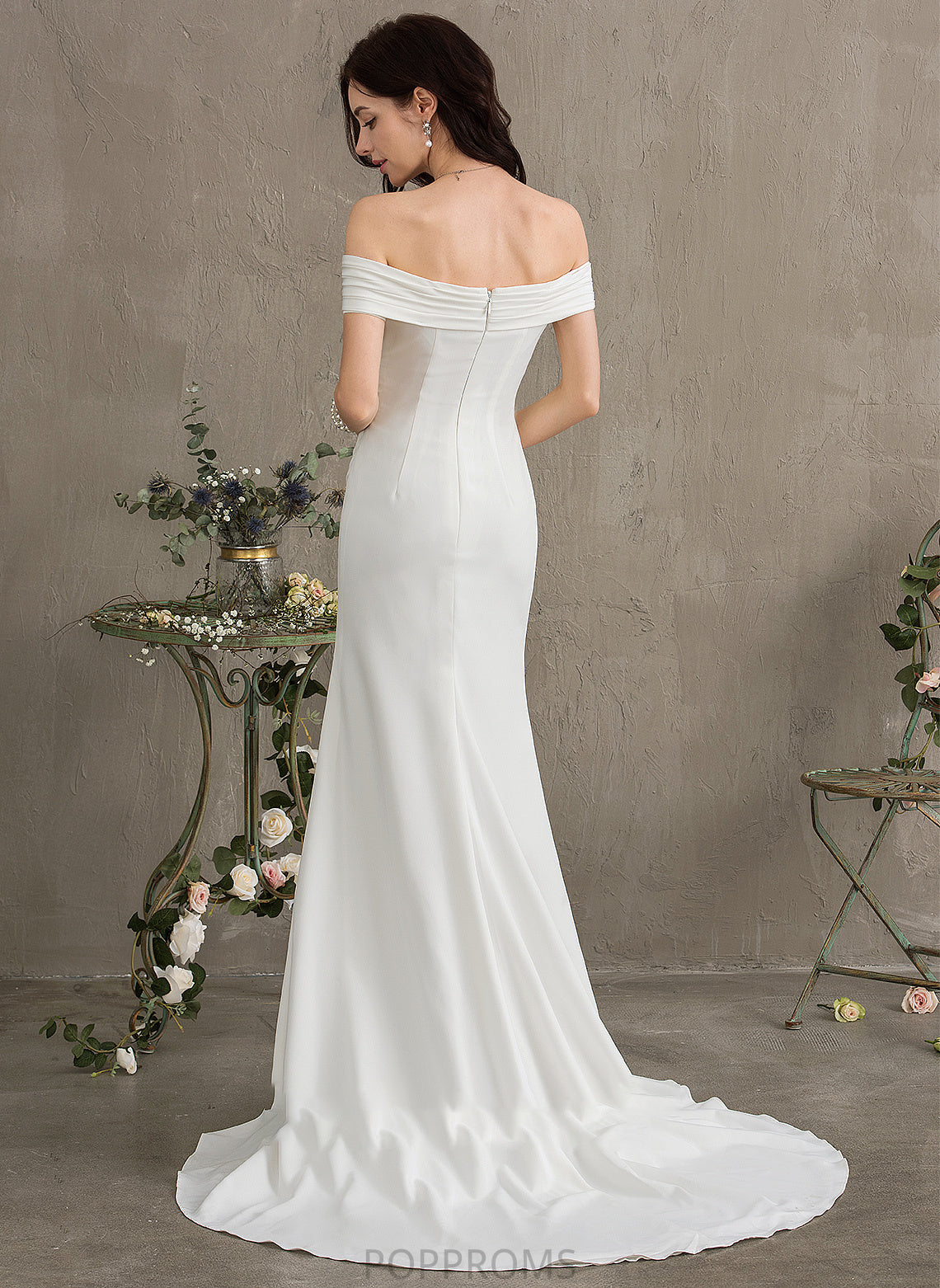 Wedding Dresses Train Front Stretch Split With Ruffle Sheath/Column Wedding Crepe Sweep Dress Abbie Off-the-Shoulder