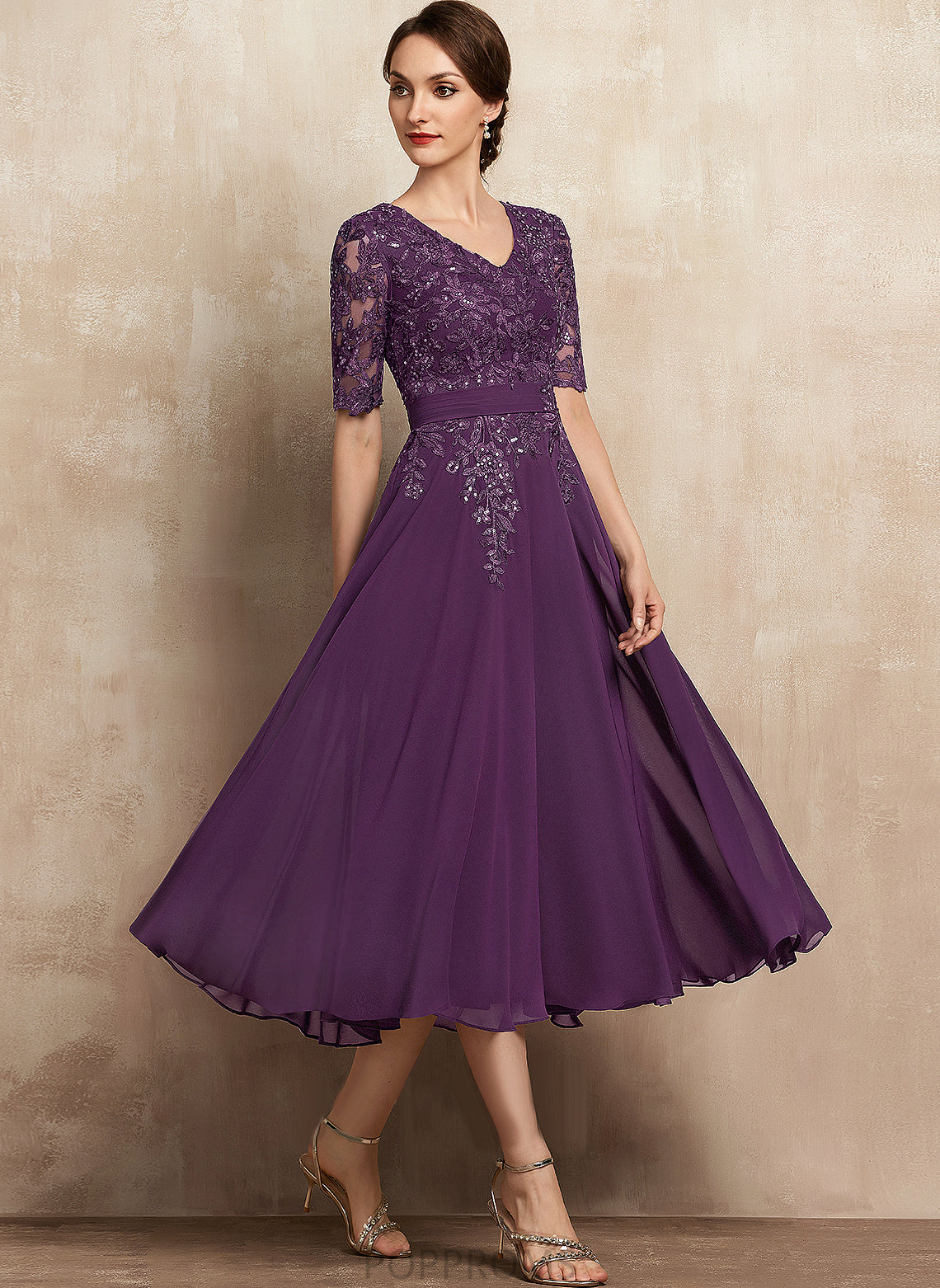 Kathy Sequins Cocktail Dresses Dress Cocktail A-Line With Chiffon Tea-Length Lace V-neck