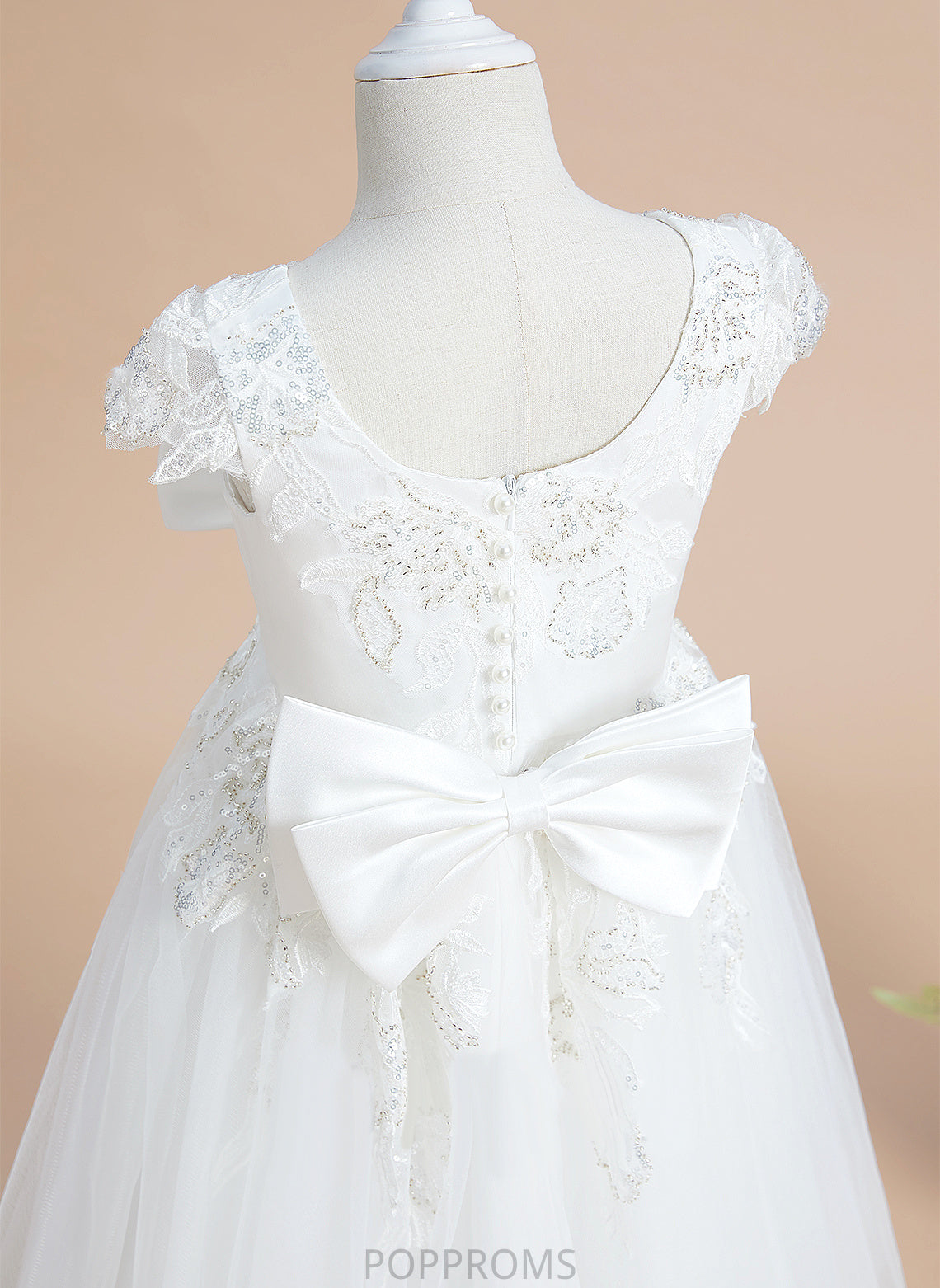 Short Scoop Sequins/Bow(s) Sleeves Dress Tulle/Lace Flower Girl Dresses Girl Neck Flower With A-Line - Tea-length Marina