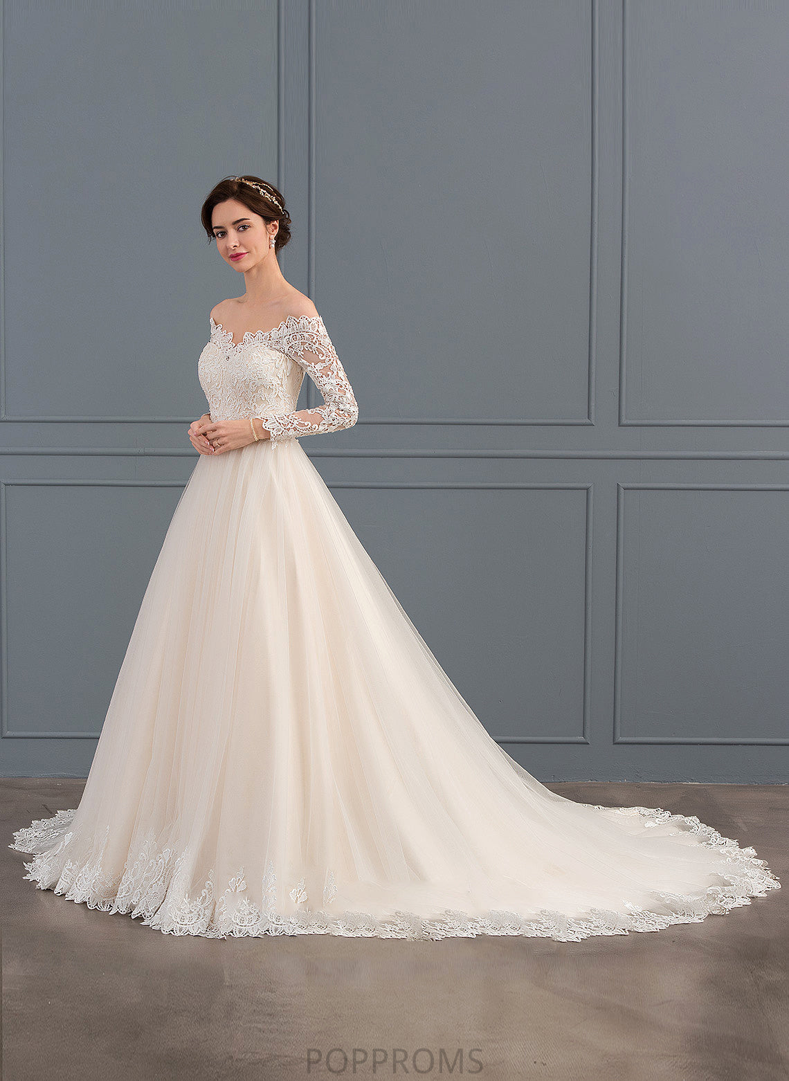 Tulle Dress Caitlin Lace Wedding Dresses Chapel Ball-Gown/Princess Train Off-the-Shoulder Wedding