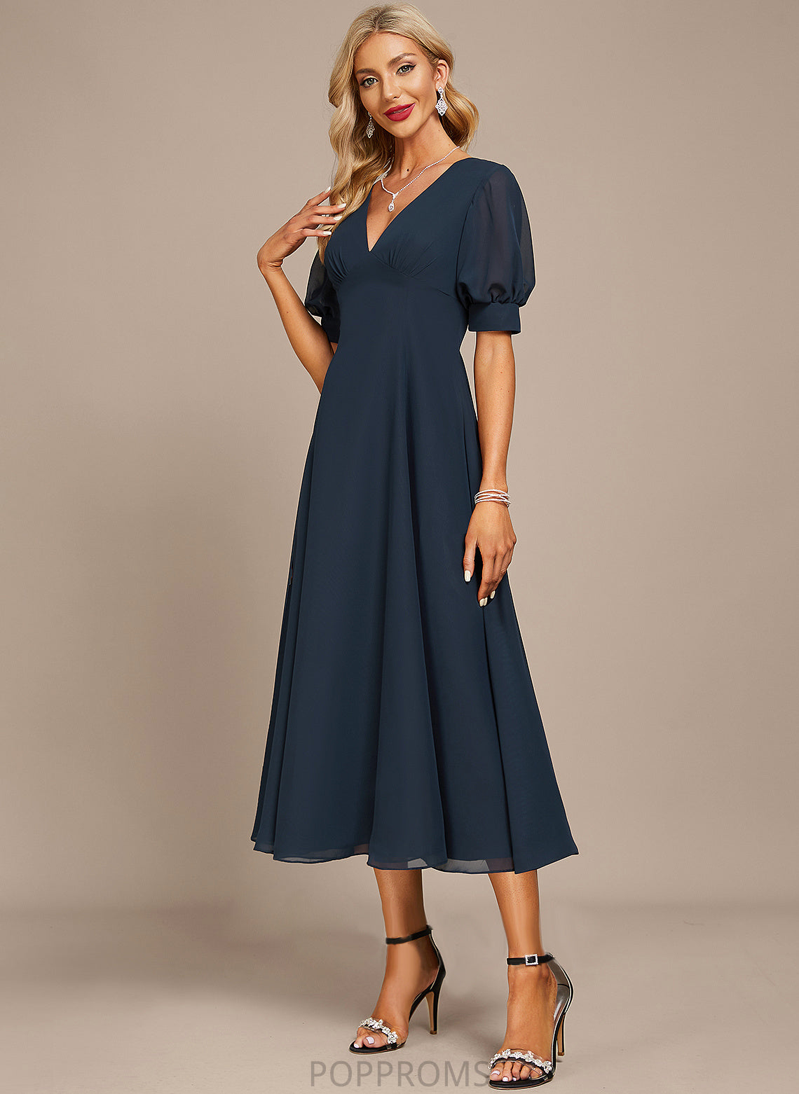 With A-Line Cocktail Cocktail Dresses V-neck Saige Chiffon Tea-Length Dress Ruffle