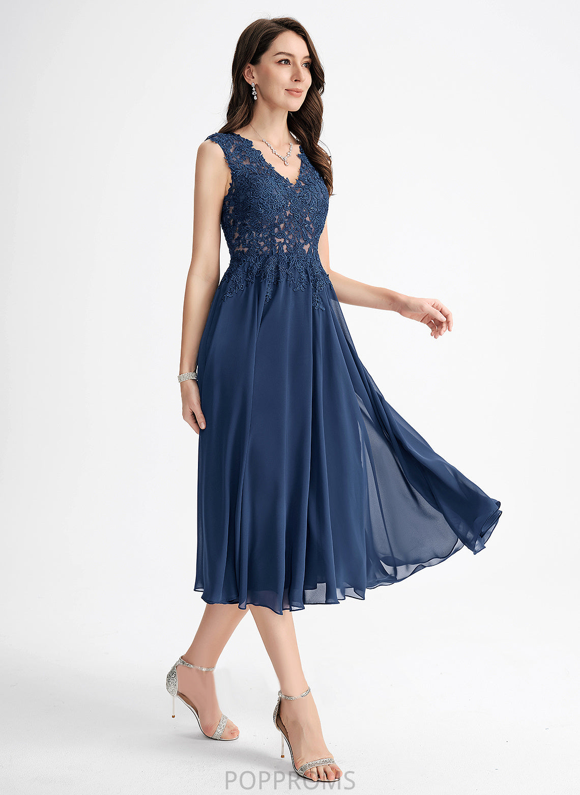 Alissa A-Line Cocktail Dresses Tea-Length Lace Cocktail Chiffon Dress V-neck