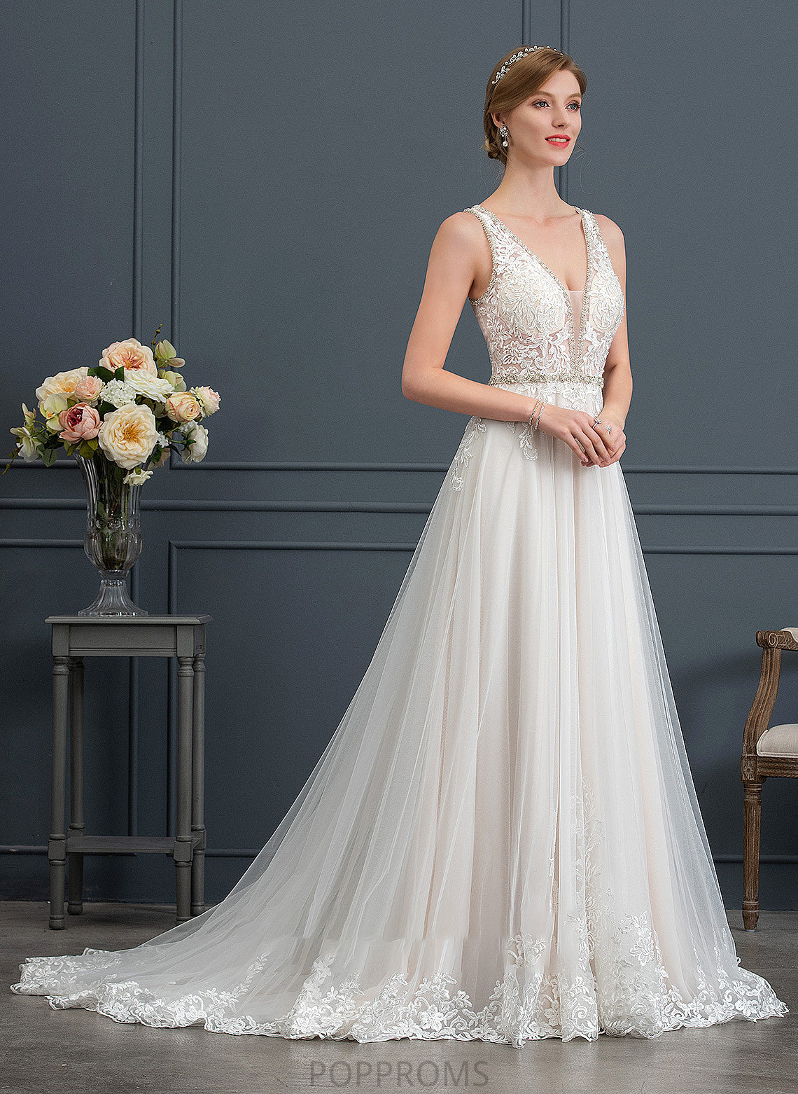 Train Dress Wedding Dresses Tulle With Ball-Gown/Princess Kamila Beading Court Wedding Sequins V-neck