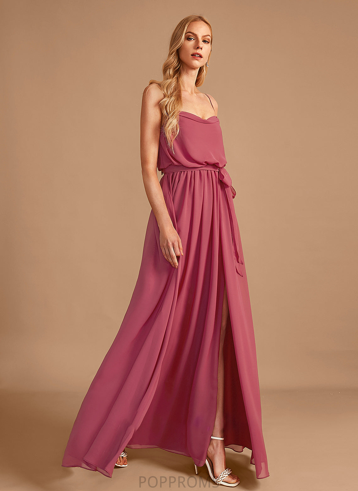 CowlNeck SplitFront Ruffle Neckline Fabric Floor-Length Silhouette A-Line Length Embellishment Giada Sleeveless Bridesmaid Dresses