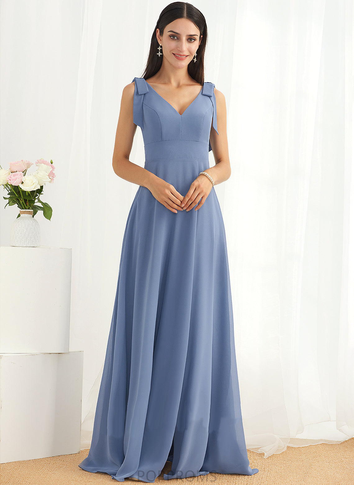 Neckline SplitFront Fabric Floor-Length Length Silhouette A-Line Bow(s) V-neck Embellishment Mandy Sleeveless Bridesmaid Dresses