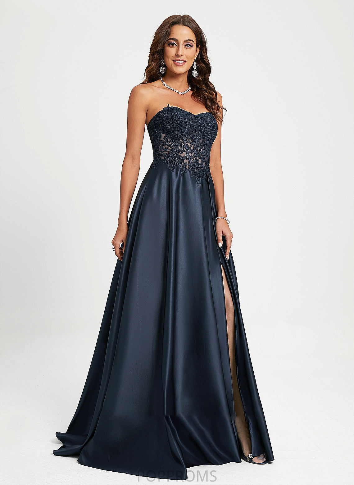 Sweep Train Nylah With A-Line Lace Satin Prom Dresses Sweetheart