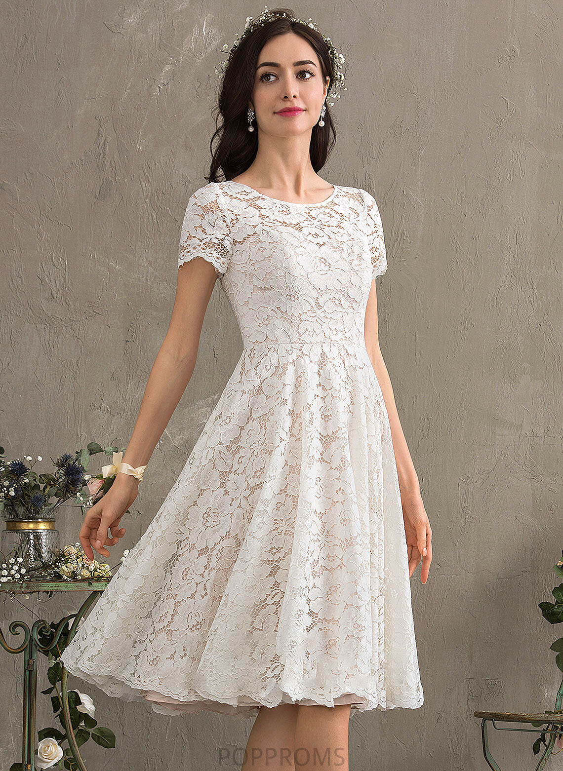 Scoop A-Line Cheyenne Knee-Length Dress Wedding Dresses Lace Wedding Neck