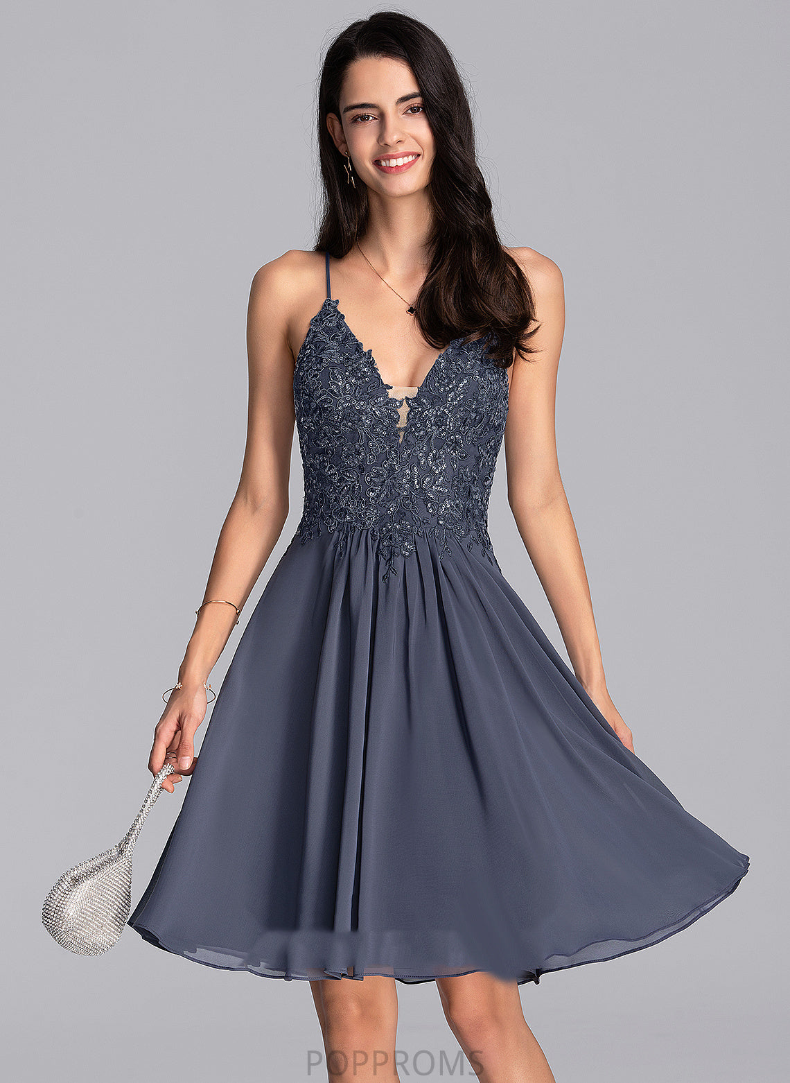 Haylie Homecoming Dresses With Dress Knee-Length Beading A-Line V-neck Lace Homecoming Chiffon