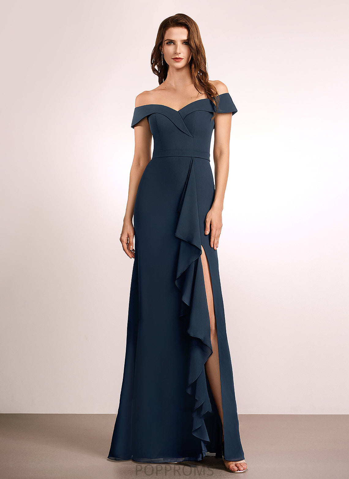 Silhouette Embellishment Length A-Line Neckline Off-the-Shoulder Ruffle Floor-Length Fabric Sonia Floor Length Sleeveless Bridesmaid Dresses