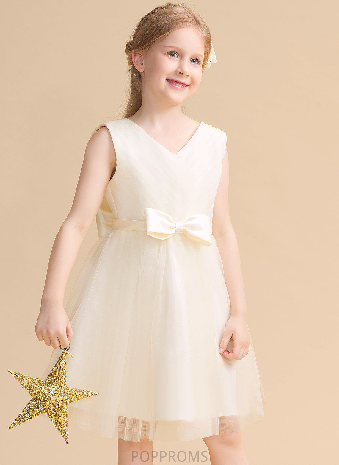 V-neck Knee-length Girl Tulle Flower Girl Dresses Dress A-Line With - Bow(s) Flower Evie Sleeveless