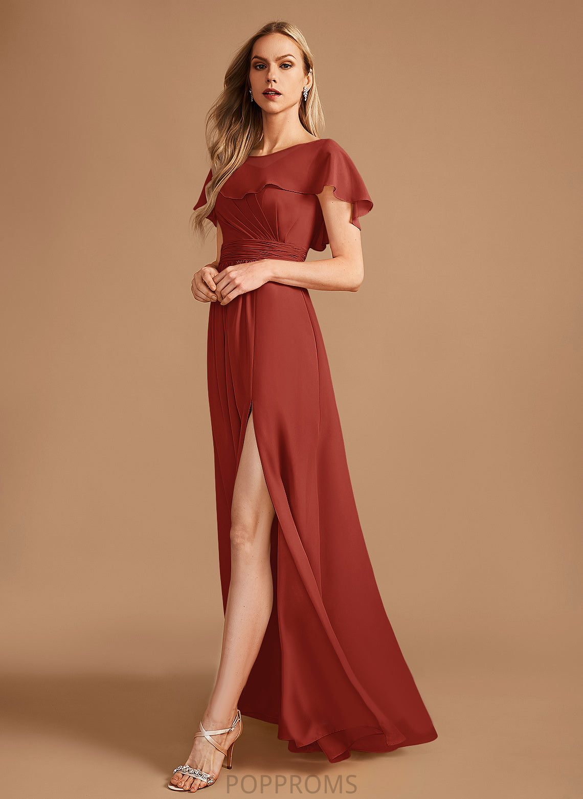 A-Line HighNeck Silhouette Neckline SplitFront Floor-Length Ruffle Fabric Embellishment Length Sherry Floor Length Bridesmaid Dresses