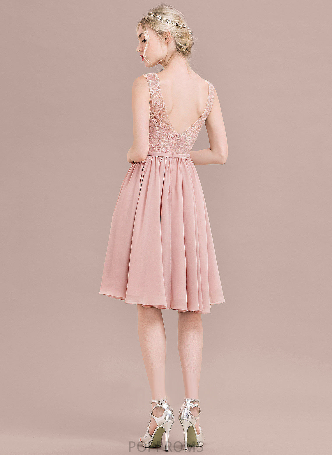 Lace V-neck Lace A-Line Bow(s) Chiffon Dress Lilith Homecoming Dresses Knee-Length With Homecoming