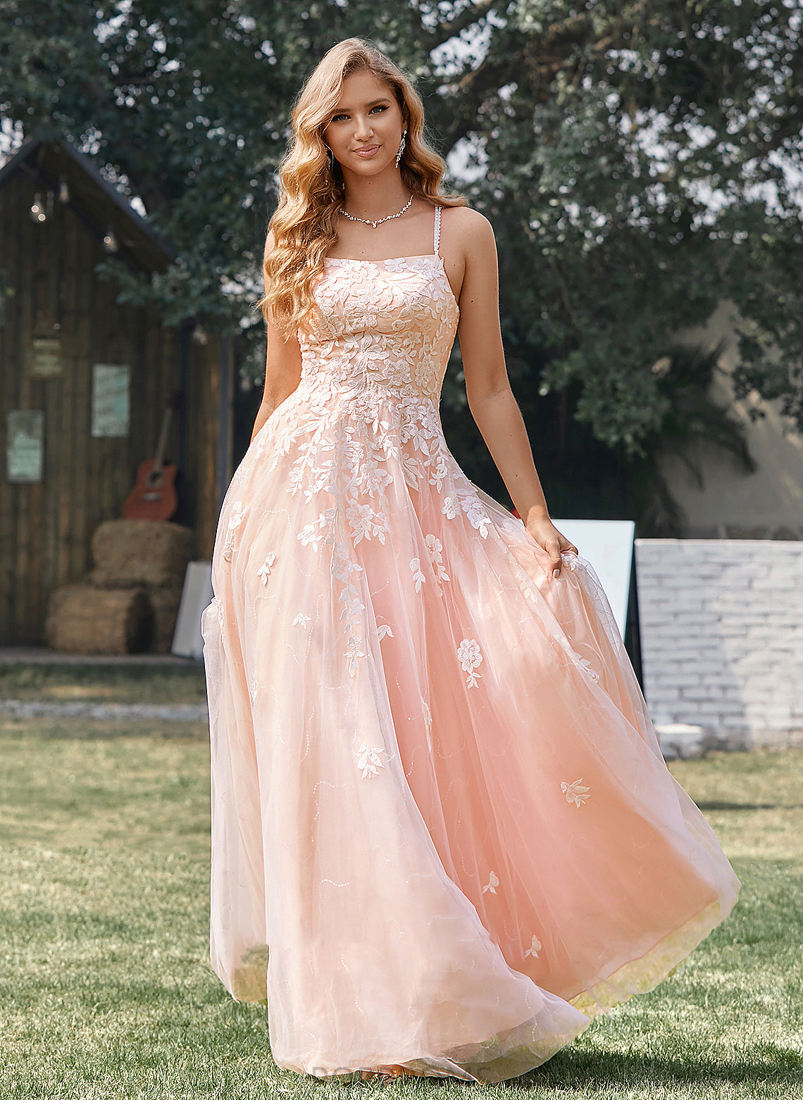 Prom Dresses Square Neckline Lace Floor-Length Ball-Gown/Princess Tulle With Saniya Sequins