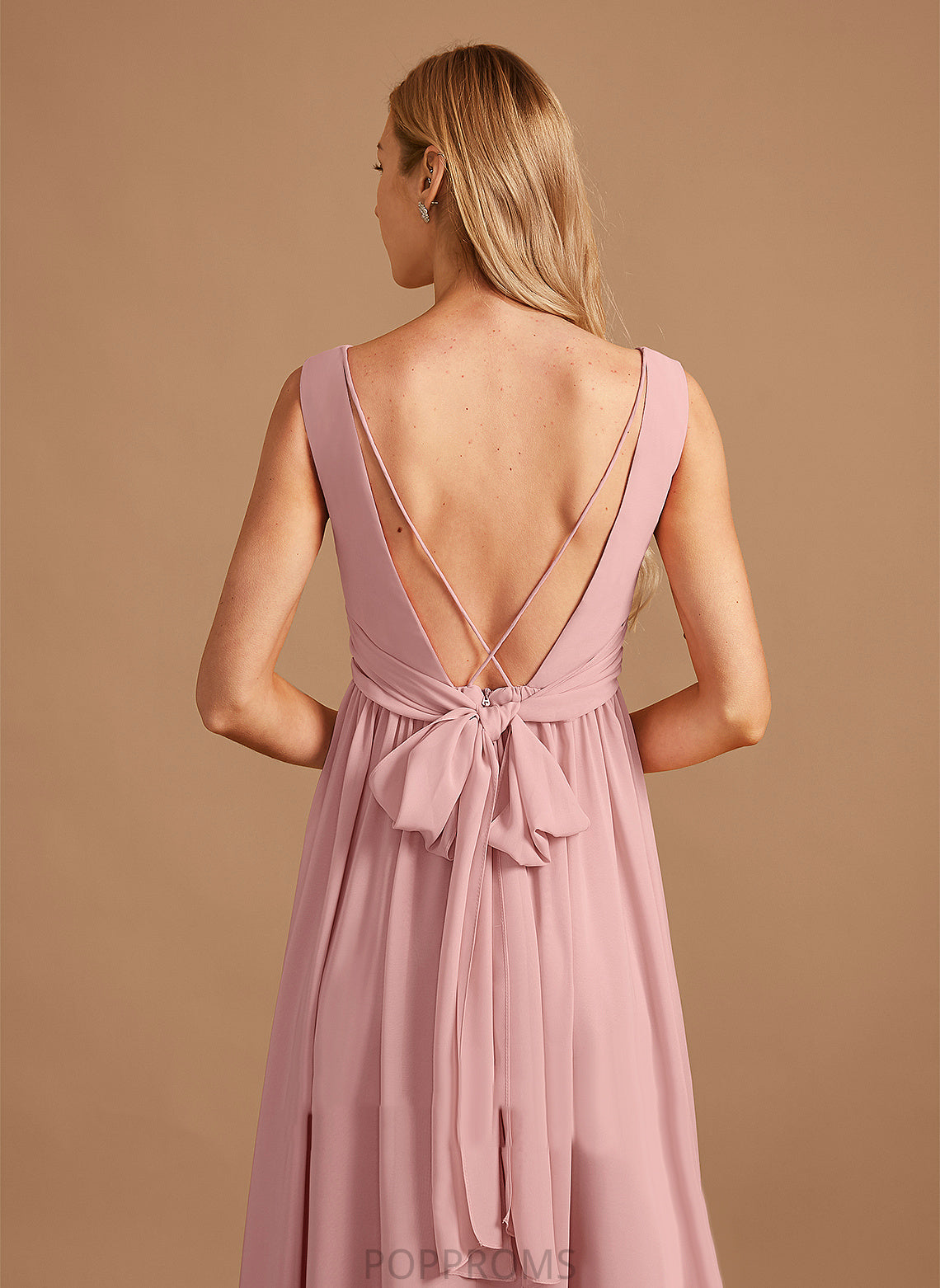 A-Line Length V-neck Silhouette Embellishment Fabric Neckline Ruffle Floor-Length Bow(s) Pat Sleeveless Bridesmaid Dresses