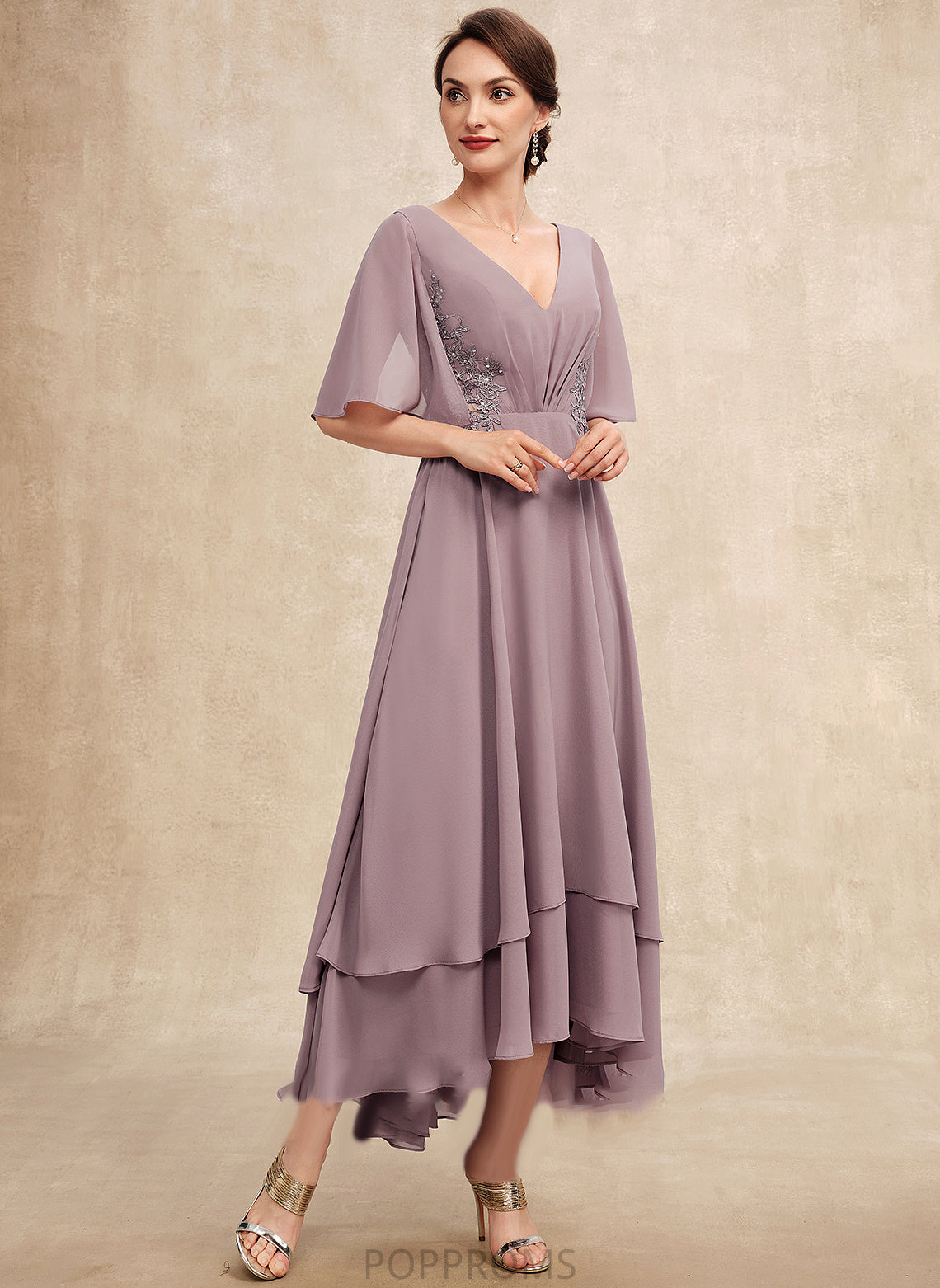 Ruffle the Asymmetrical Bride Chiffon Jasmin A-Line Mother Dress Lace Beading With Mother of the Bride Dresses of V-neck