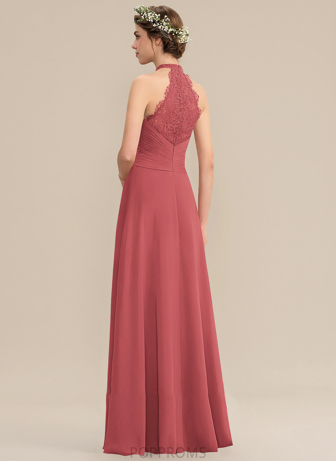 Sophia Ruffle Chiffon Prom Dresses Split High Neck Front A-Line Floor-Length Lace With