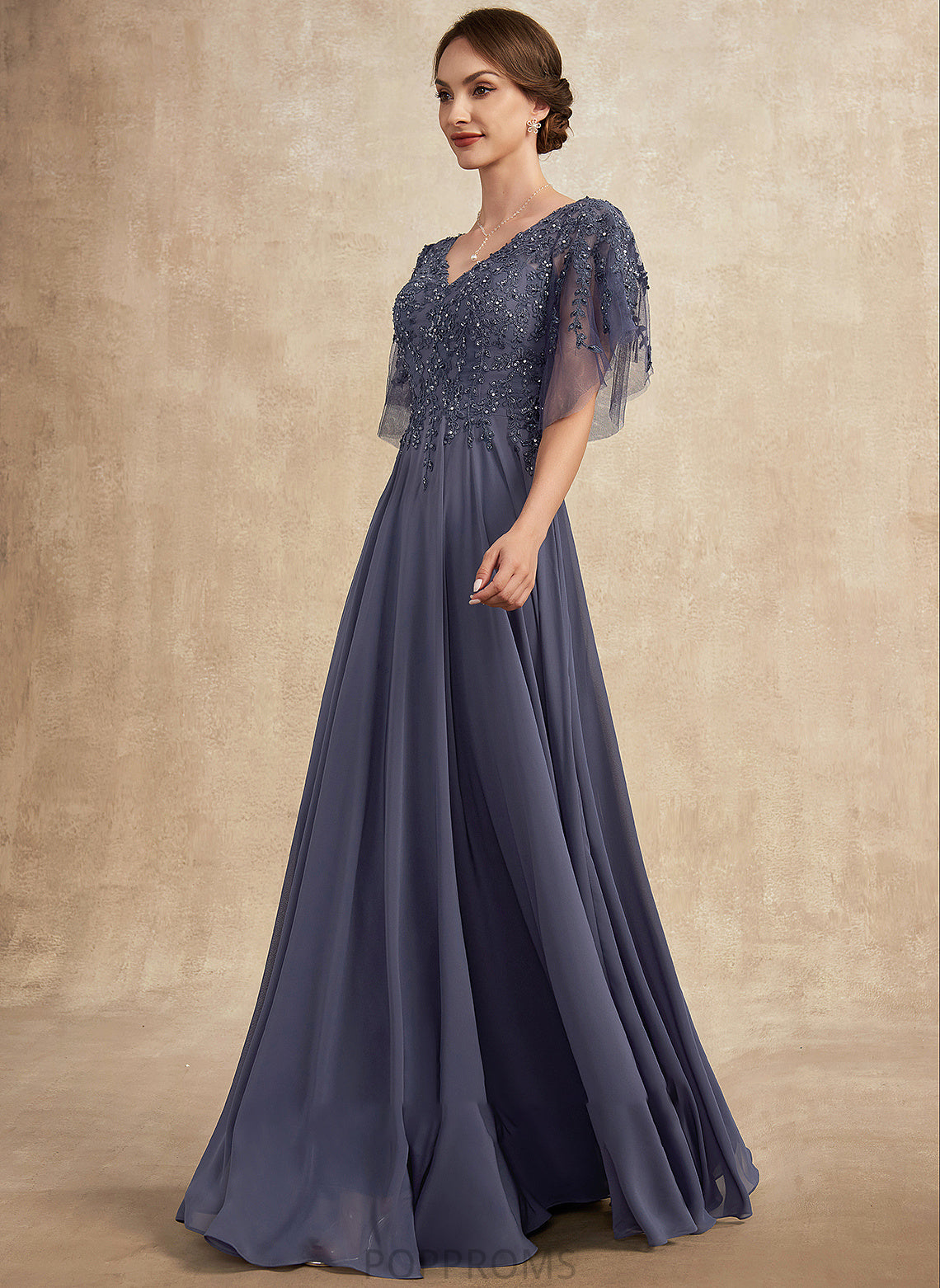 April Mother of the Bride Dresses With Mother Sequins A-Line the of Chiffon V-neck Floor-Length Beading Bride Lace Dress