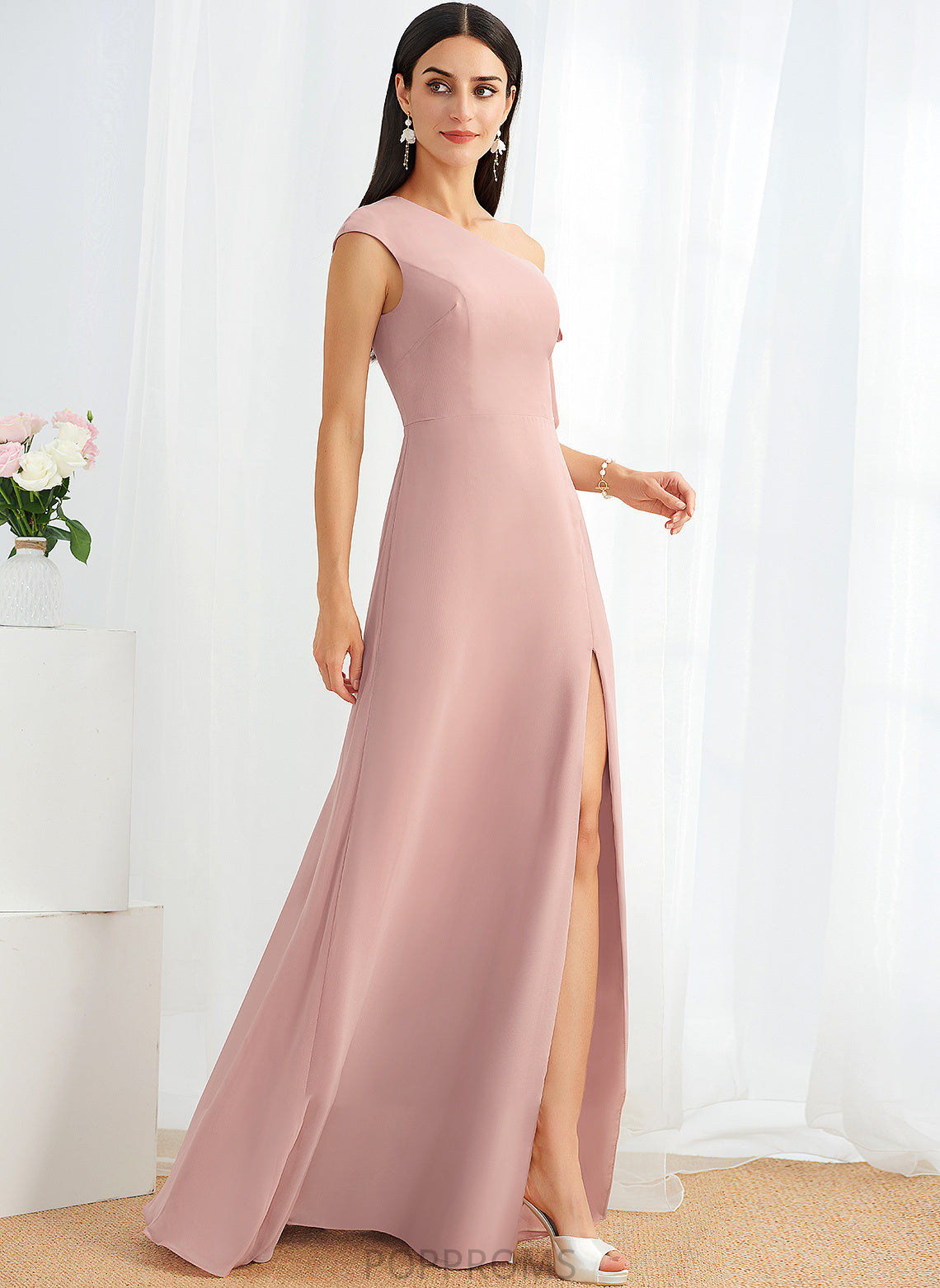 A-Line Fabric One-Shoulder Length Bow(s) Floor-Length Neckline Silhouette Embellishment Maya Natural Waist Sleeveless Bridesmaid Dresses