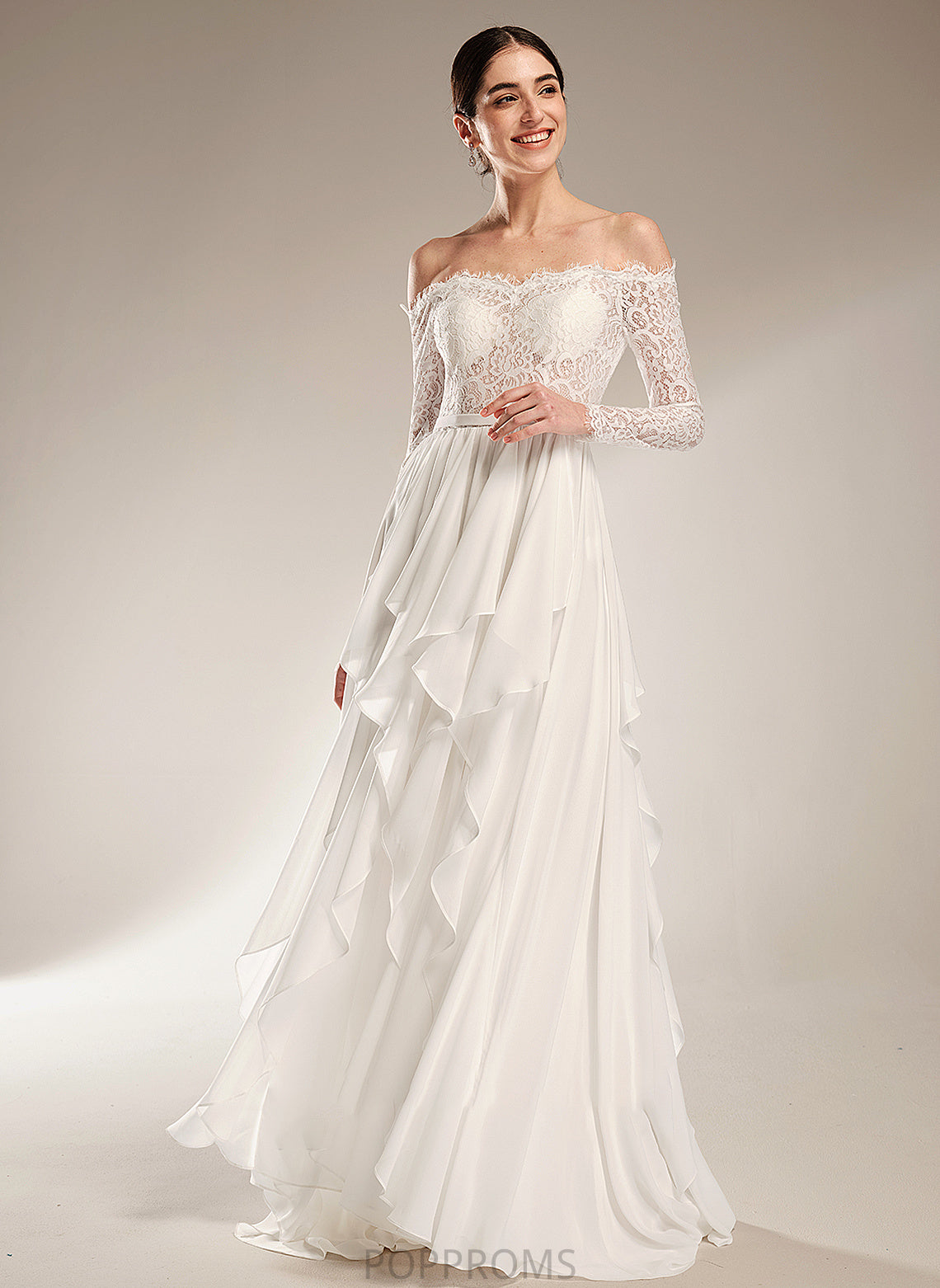 With Court Train A-Line Wedding Off-the-Shoulder Ruffle Wedding Dresses Jaylene Dress